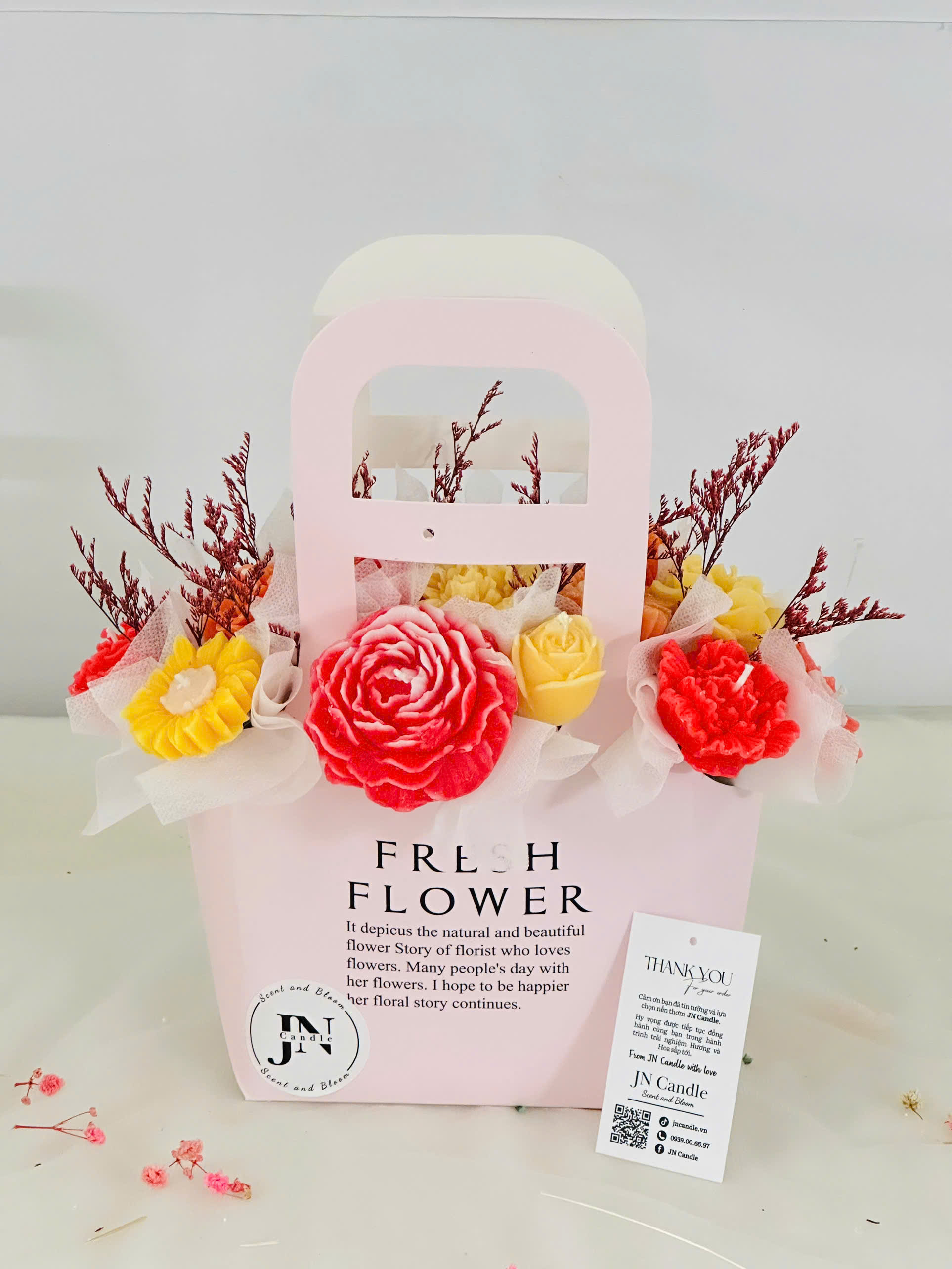 Giỏ Hoa Nến thơm Fresh 500g Handmade nhà JN Candle